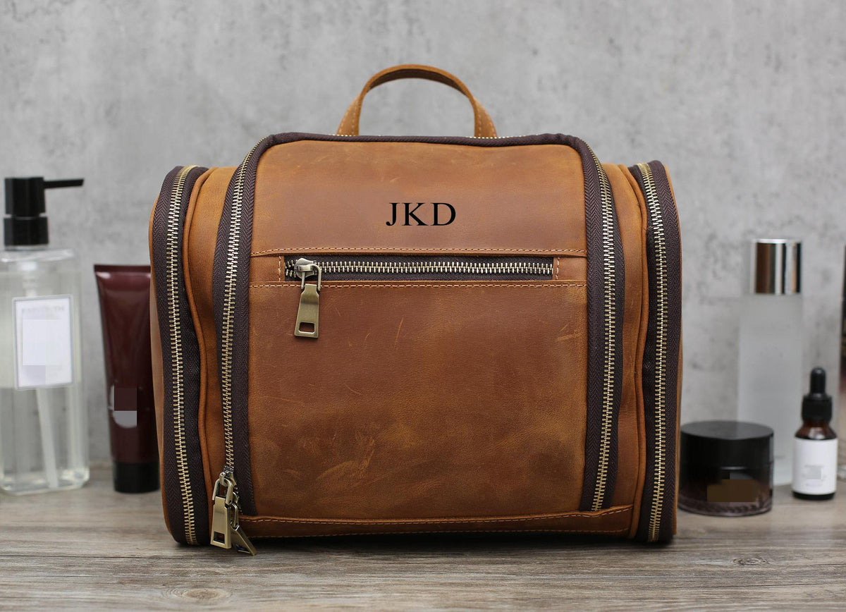 Hanging Leather Toiletry Bag Monogram Leather Dopp Kit Bag – Unihandmade