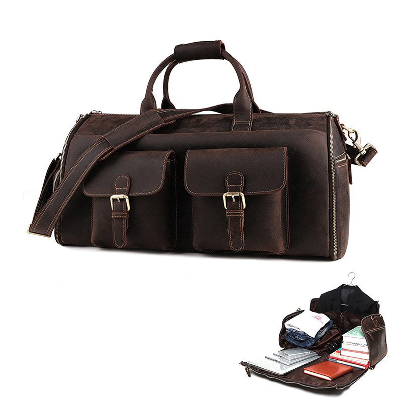 Leather Garment Bag Carry On with Shoes Compartment Leather Travel Weekender Bag