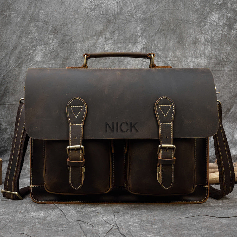 Personalized Monogram Full Grain Distressed Leather Briefcase Messenge