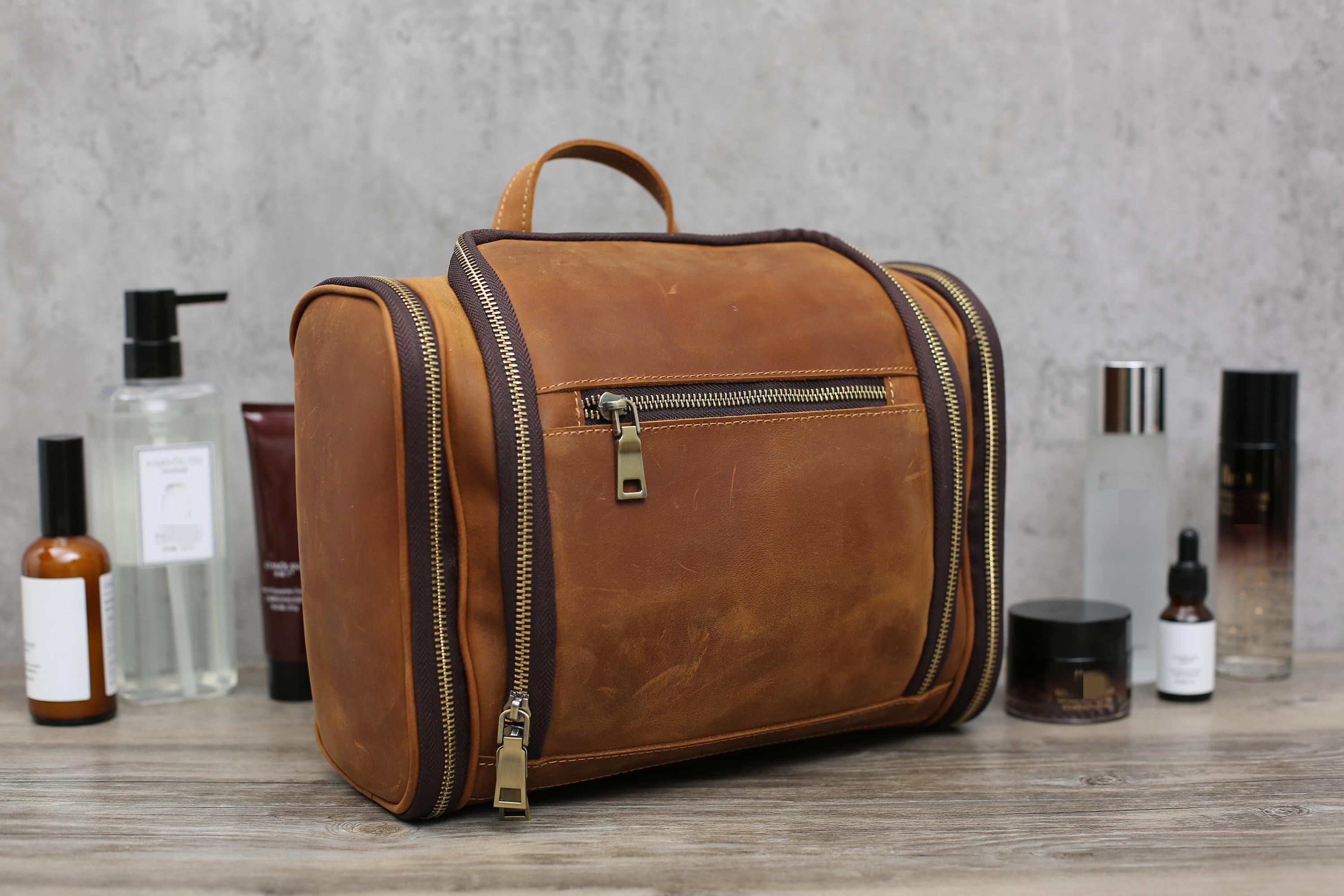 leather hanging men's toiletry bag travel dopp kit Personalized Leather Hanging Toiletry Bag Leather Dopp Kit Bag Tan Brown / Yes