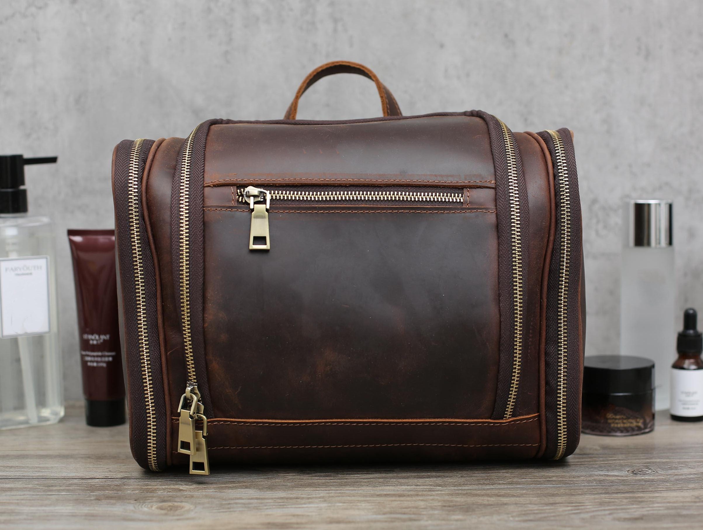 leather hanging men's toiletry bag travel dopp kit Personalized Leather Hanging Toiletry Bag Leather Dopp Kit Bag Tan Brown / Yes