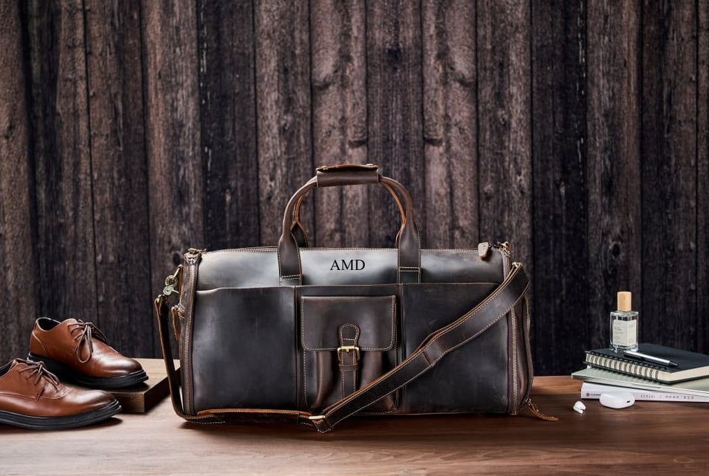 Full Grain Leather Garment Duffel Bag Suit Travel Bag with Shoe Compartment
