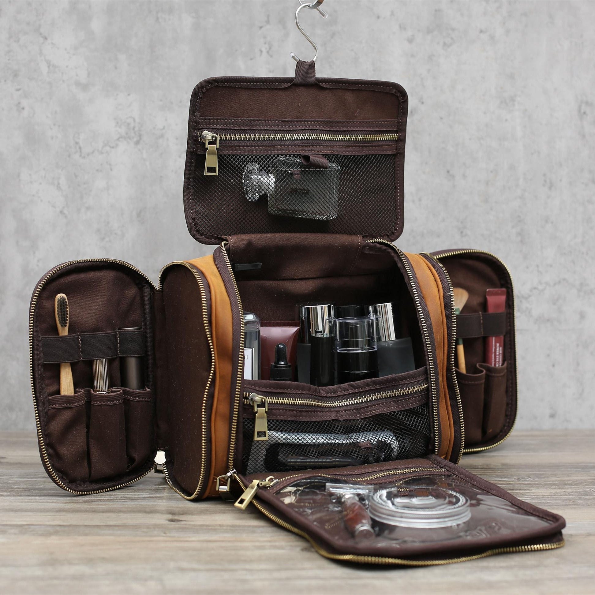 Hanging Leather Toiletry Bag Monogram Leather Dopp Kit Bag