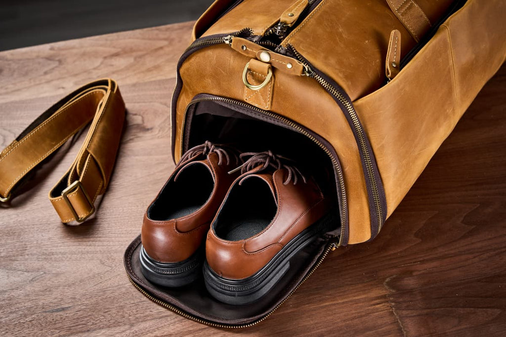 Full Grain Leather Garment Duffel Bag Suit Travel Bag with Shoe Compartment