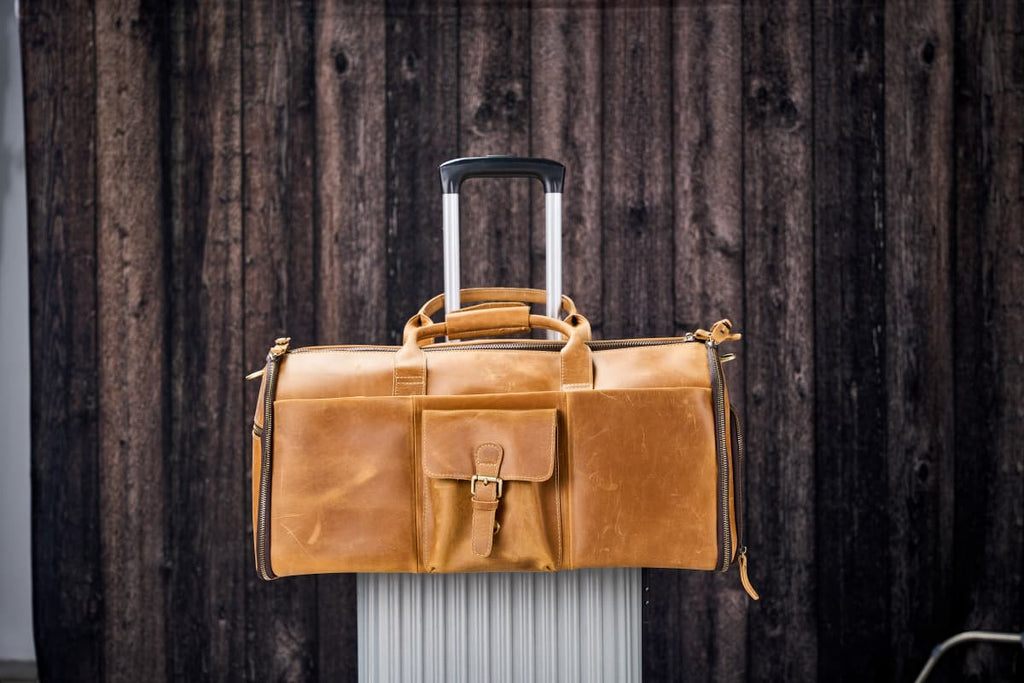 Full Grain Leather Garment Duffel Bag Suit Travel Bag with Shoe Compartment