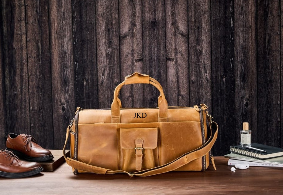 Full Grain Leather Garment Duffel Bag Suit Travel Bag with Shoe Compartment