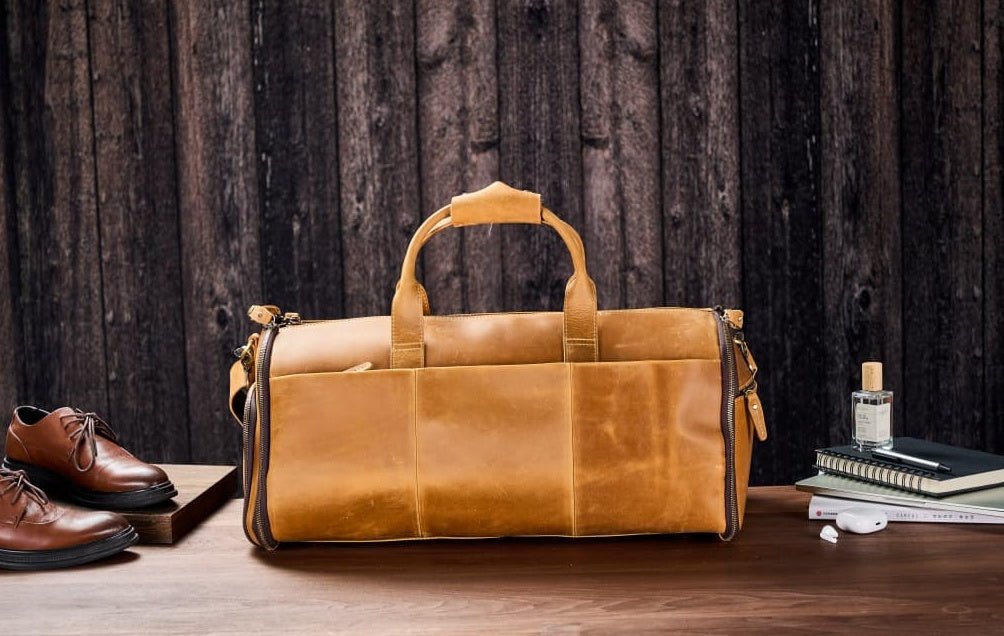 Full Grain Leather Garment Duffel Bag Suit Travel Bag with Shoe Compartment