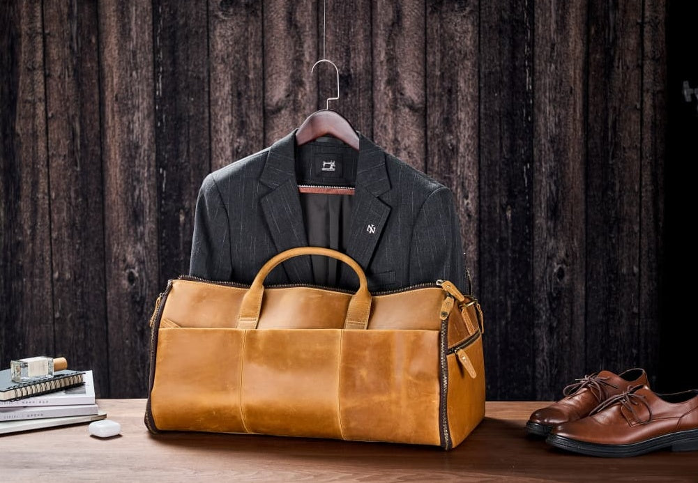 Full Grain Leather Garment Duffel Bag Suit Travel Bag with Shoe Compartment