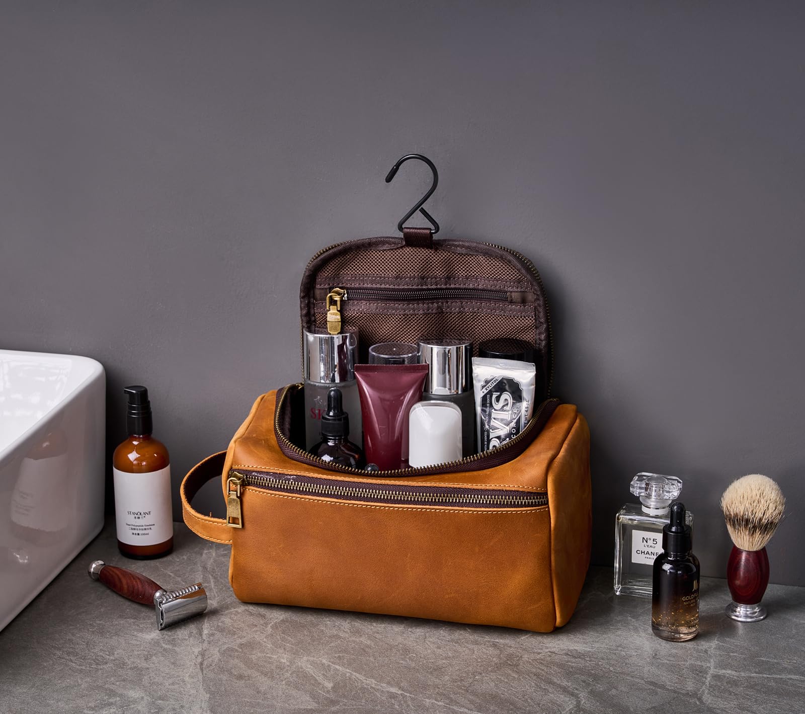 genuine leather toiletry travel bag Hanging Travel Toiletry Bag Leather Dopp Kit Bag Yes / Brown