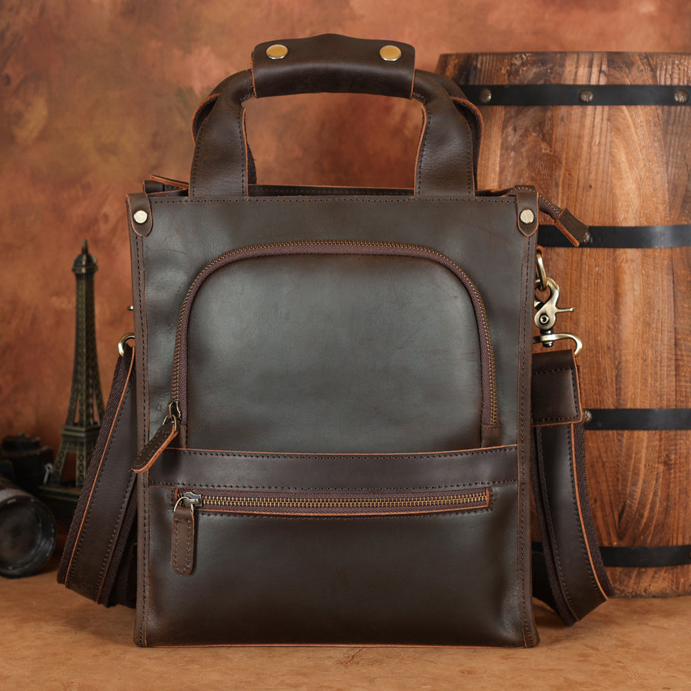 Full Grain Leather Sling Bag Black Leather Chest Bag Casual Crossbody Bag