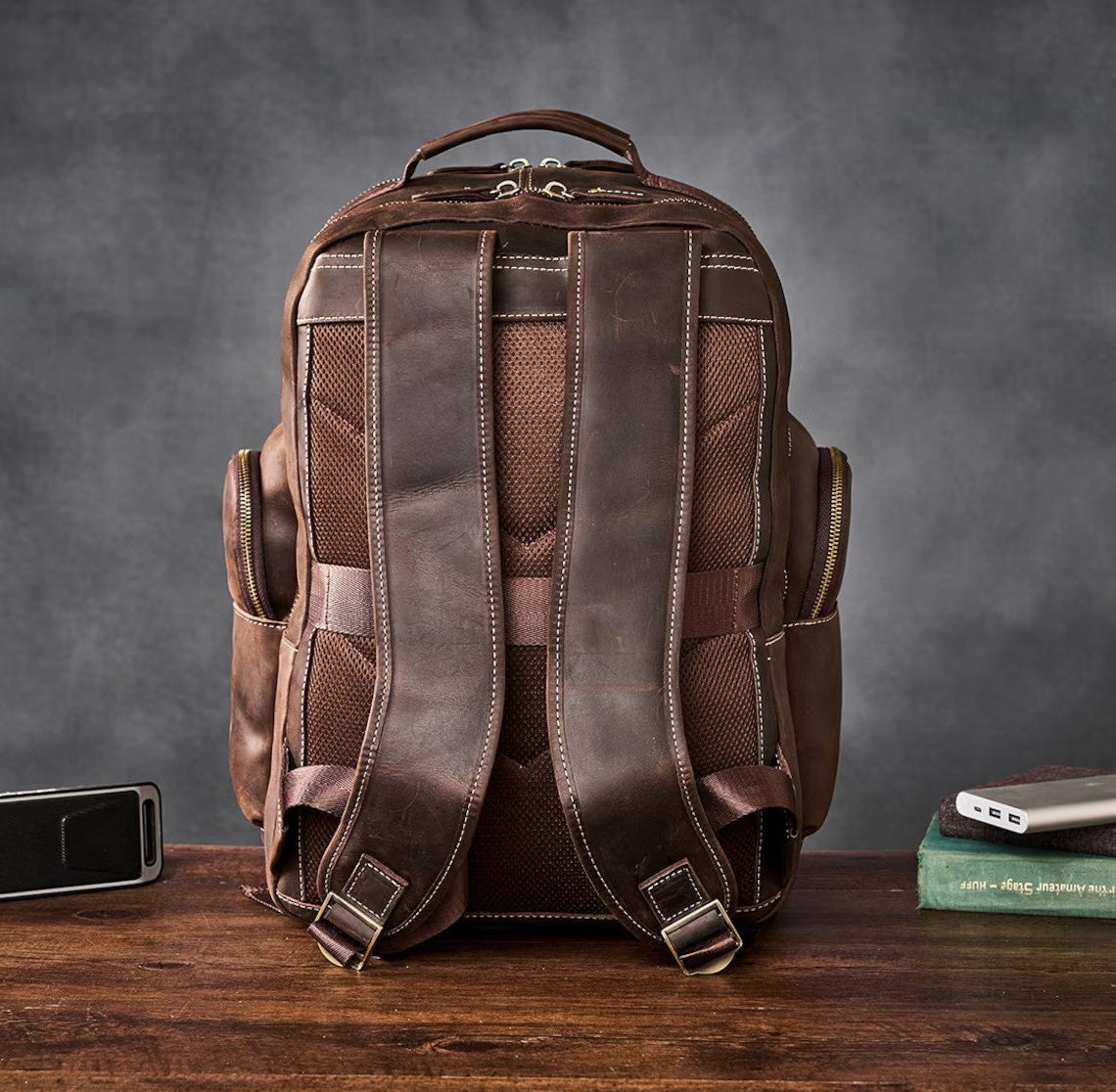 big brown faux leather backpack Camping Leather Backpack Large Travel Backpack