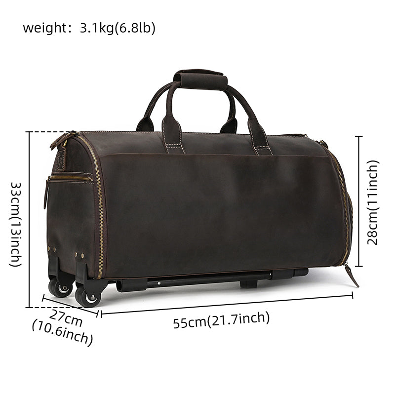 duffel bag travel wheels Leather Rolling Garment Bag, Garment Duffle Bag with Wheels for Travel,Convertible Garment Bag with Shoe Compartment