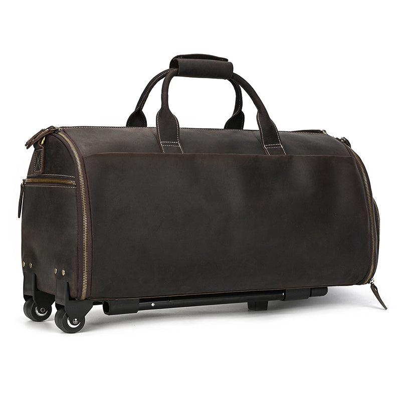 Leather Rolling Garment Bag, Garment Duffle Bag with Wheels for Travel,Convertible Garment Bag with Shoe Compartment