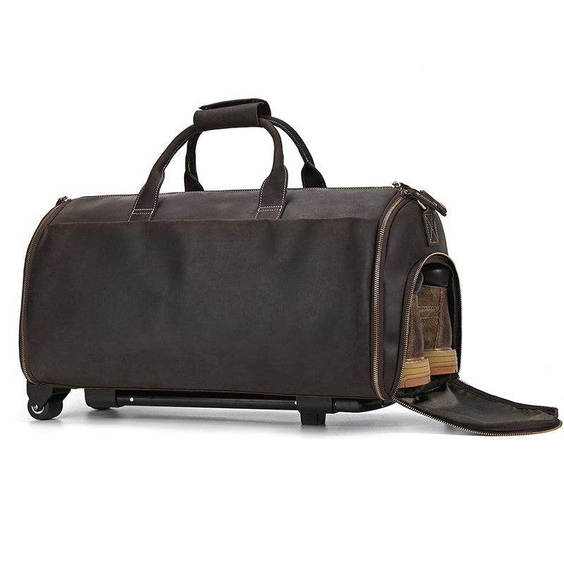 Leather Rolling Garment Bag, Garment Duffle Bag with Wheels for Travel,Convertible Garment Bag with Shoe Compartment