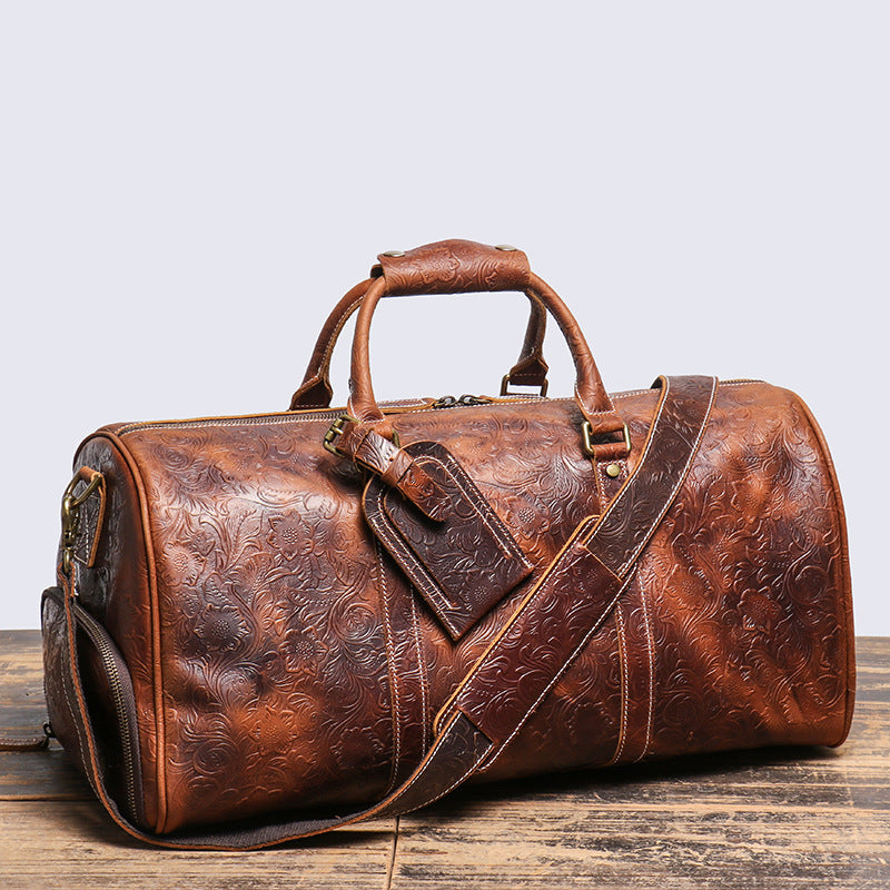 Embossed Leather Travel Bag with shoe Pouch Weekend Bag Duffel Bag Leather Duffle with shoe Compartment