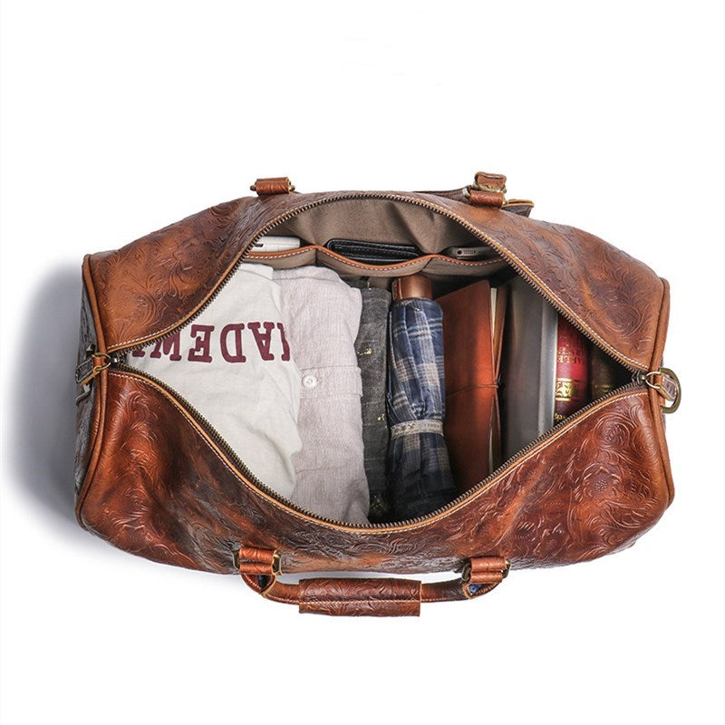 Embossed Leather Travel Bag with shoe Pouch Weekend Bag Duffel Bag Leather Duffle with shoe Compartment