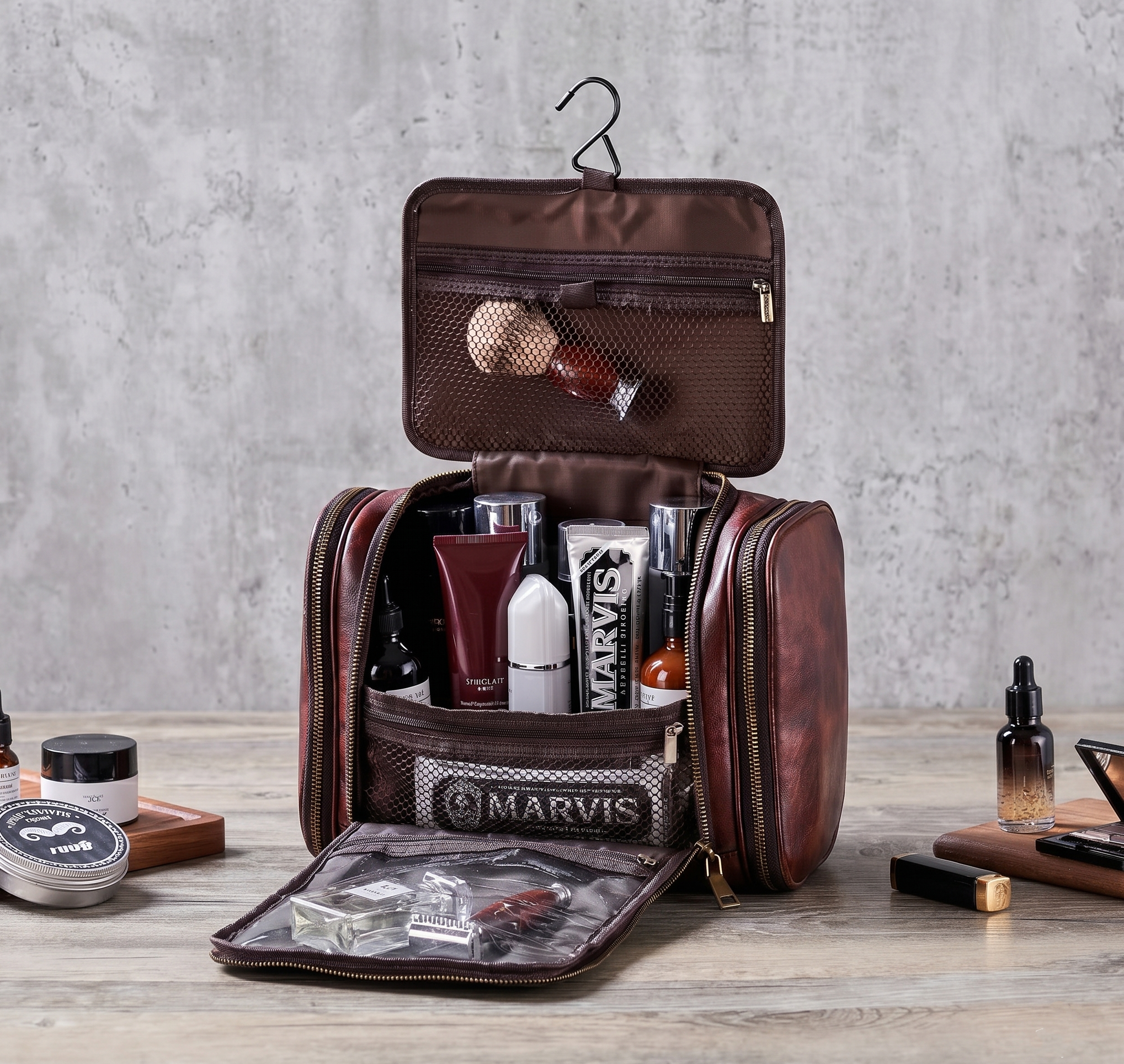 leather hanging men's toiletry bag travel dopp kit Hanging Leather Toiletry Bag Monogram Leather Dopp Kit Bag Coffee / No