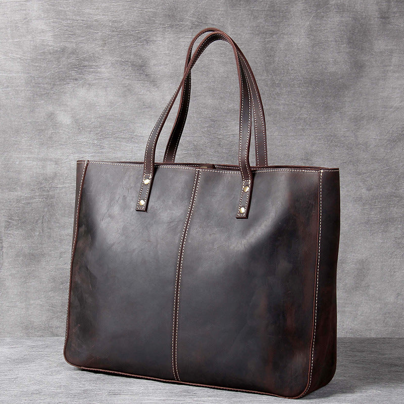 Full Grain Leather Tote Bag Men Leather Shoulder Bag Vintage