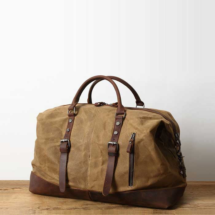 Personalized Monogram Waterproof Waxed Canvas Luggage Weekender Bag Travel Bag Duffel Bag Khaki / No
