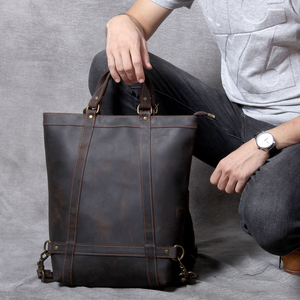 Vintage Full Grain Leather Handbag Convertible Leather Backpack Laptop Backpack