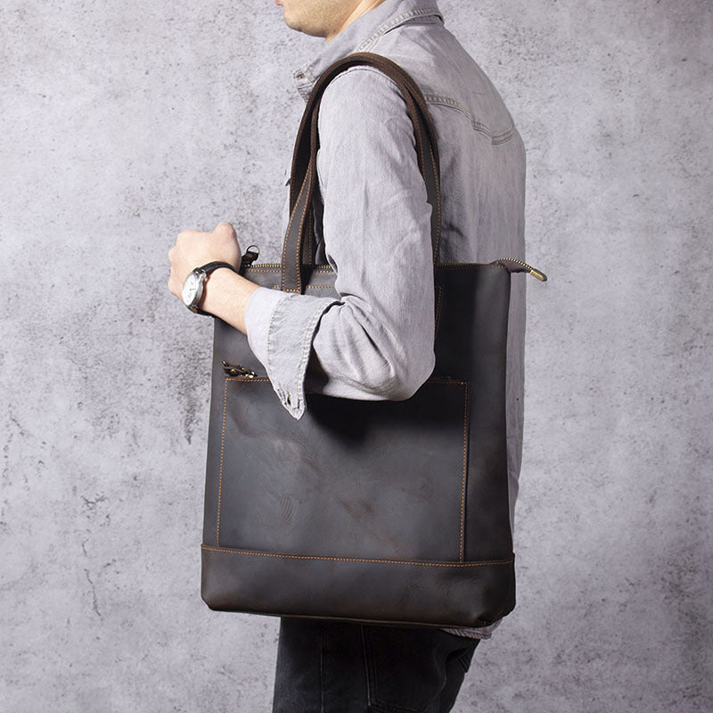 Full Grain Leather Tote Bag Vintage Leather Laptop Shoulder Bag Vertical Handbag