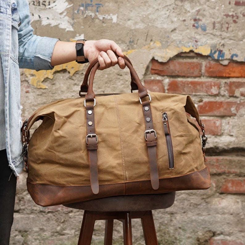 Handmade Genuine Leather and Green Waxed Canvas Duffle Bag –  99percenthandmade