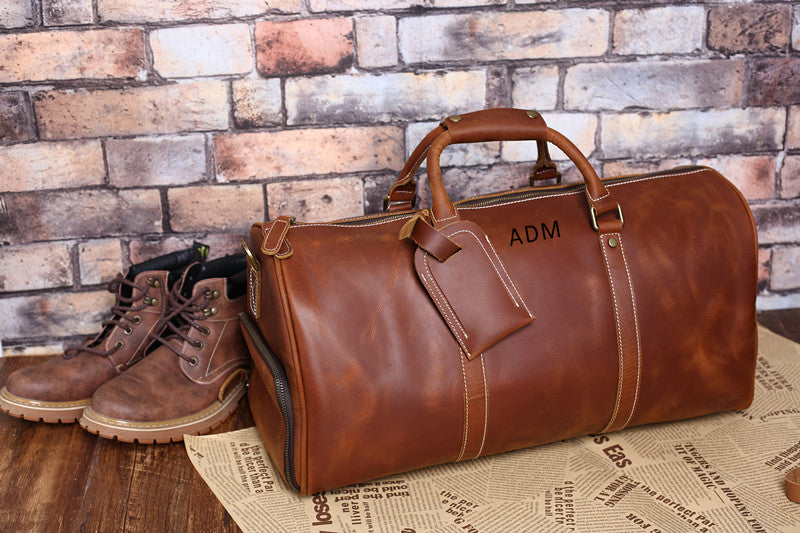 Personalized Full Grain Leather Travel Bag with shoe Pouch Weekend