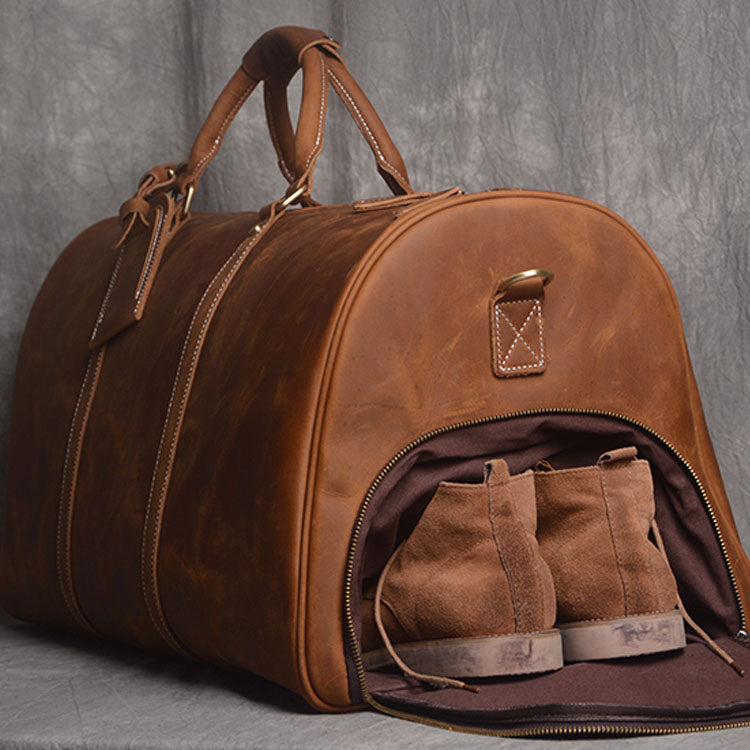 Leather Duffel Bag With Shoe Compartment Men Weekender 