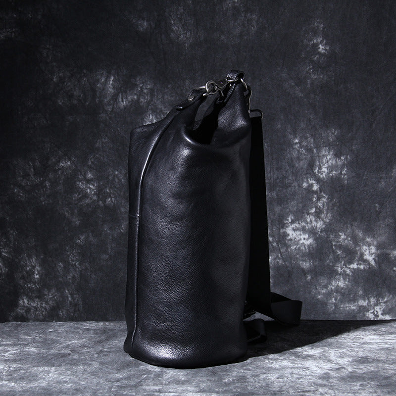Full Grain Leather Shoulder Bag Black Leather Crossbody Bag Mens Leather Barrel Bag