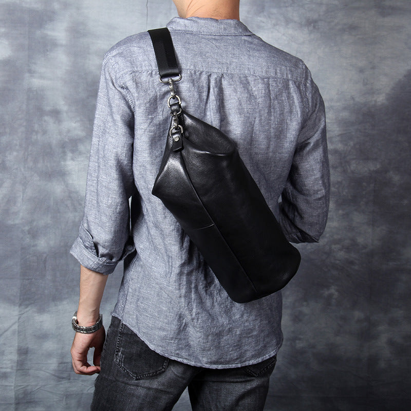 Full Grain Leather Sling Bag Black Leather Chest Bag Casual Crossbody Bag