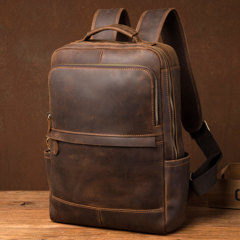 Blue Leather Laptop Backpack Men. Travel Rucksack Handmade 