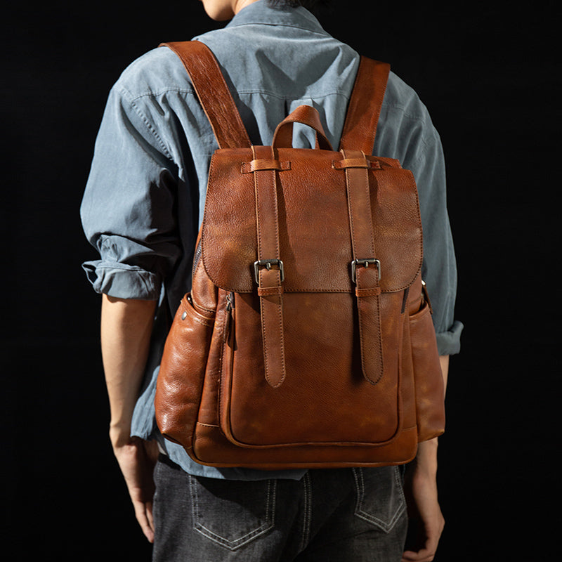 brown leather backpack