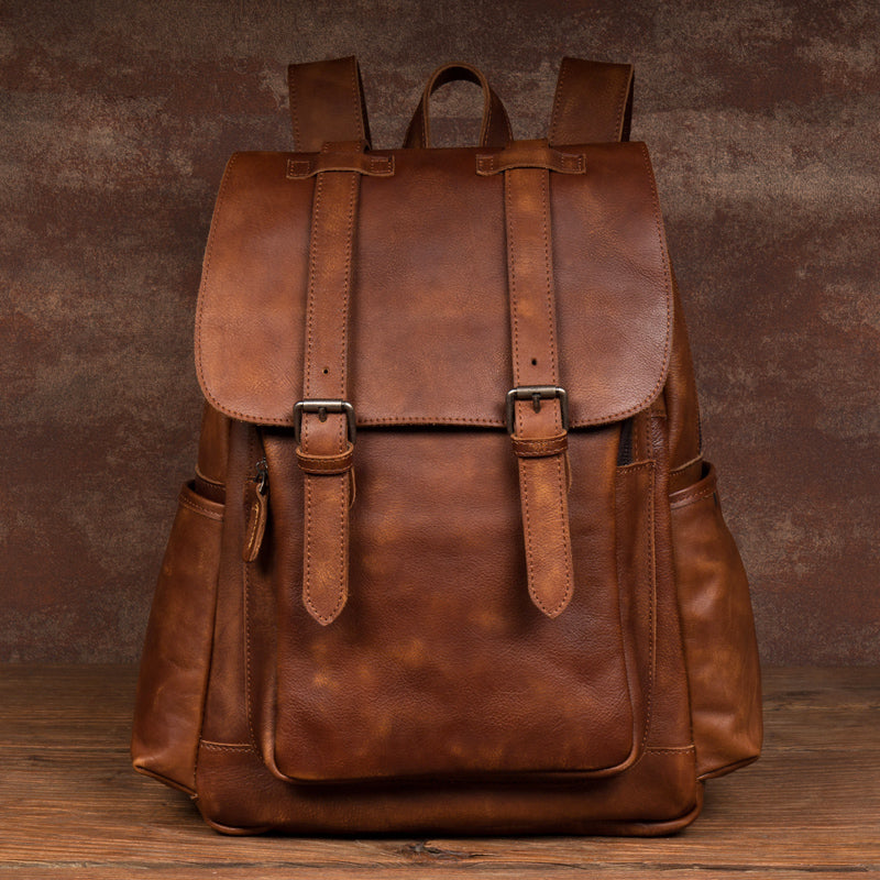 Blue Leather Laptop Backpack Men. Travel Rucksack Handmade 