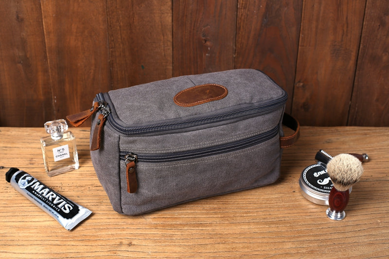 Personalized Mens Toiletry Bag Canvas Hanging Travel Dopp Kit Bag Grey / No