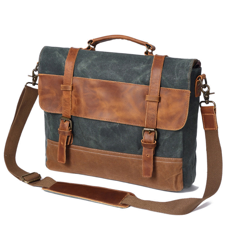 Handmade Waxed Canvas Handbag Waterproof Briefcase Messenger Bag Men Leather Shoulder Bag School Laptop Bag - Unihandmade