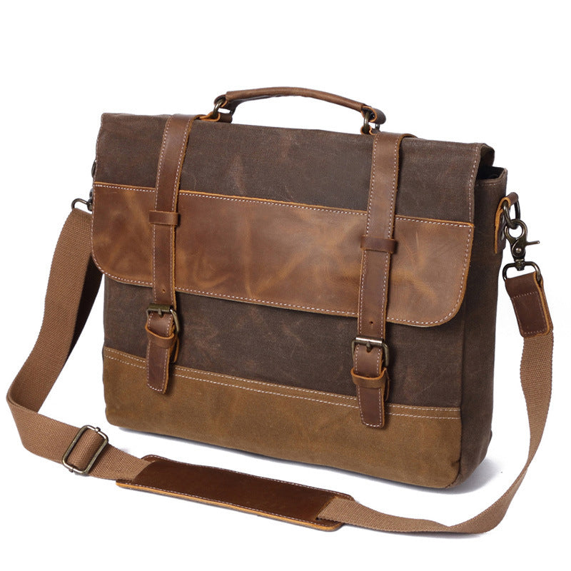 Handmade Waxed Canvas Handbag Waterproof Briefcase Messenger Bag Men Leather Shoulder Bag School Laptop Bag - Unihandmade