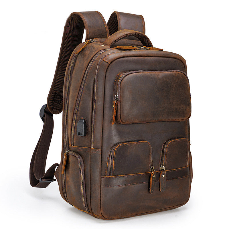 Full Grain Leather Backpack with USB Port Large Capacity Laptop Backpack School Backpack