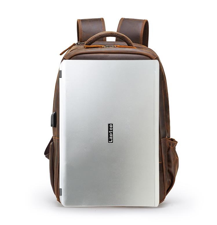 Full Grain Leather Backpack with USB Port Large Capacity Laptop Backpack School Backpack