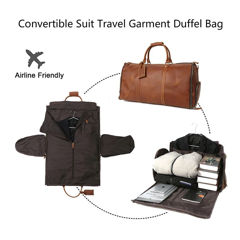 Full Grain Leather Garment Bag Duffle Bag with Shoe Compartment Mens Carry  On Bag