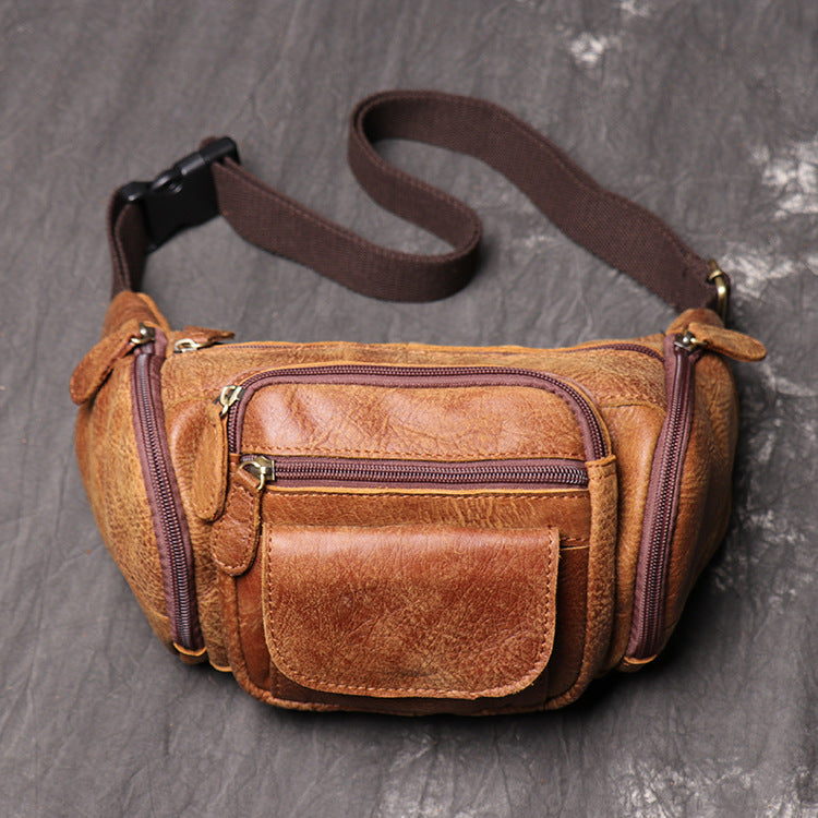 Full Grain Leather Fanny Pack Single Stripe Chest Bag Casual Waist Bag