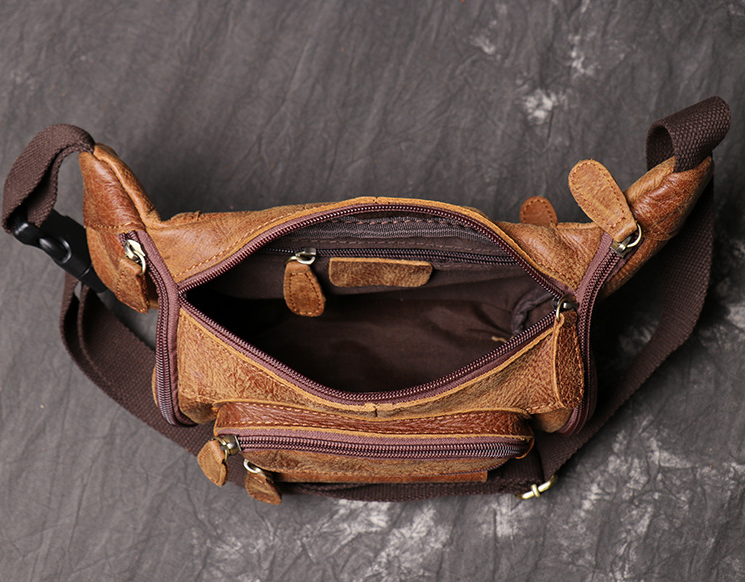 Full Grain Leather Fanny Pack Single Stripe Chest Bag Casual Waist Bag