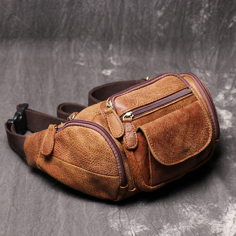 Full Grain Leather Fanny Pack Single Stripe Chest Bag Casual Waist Bag