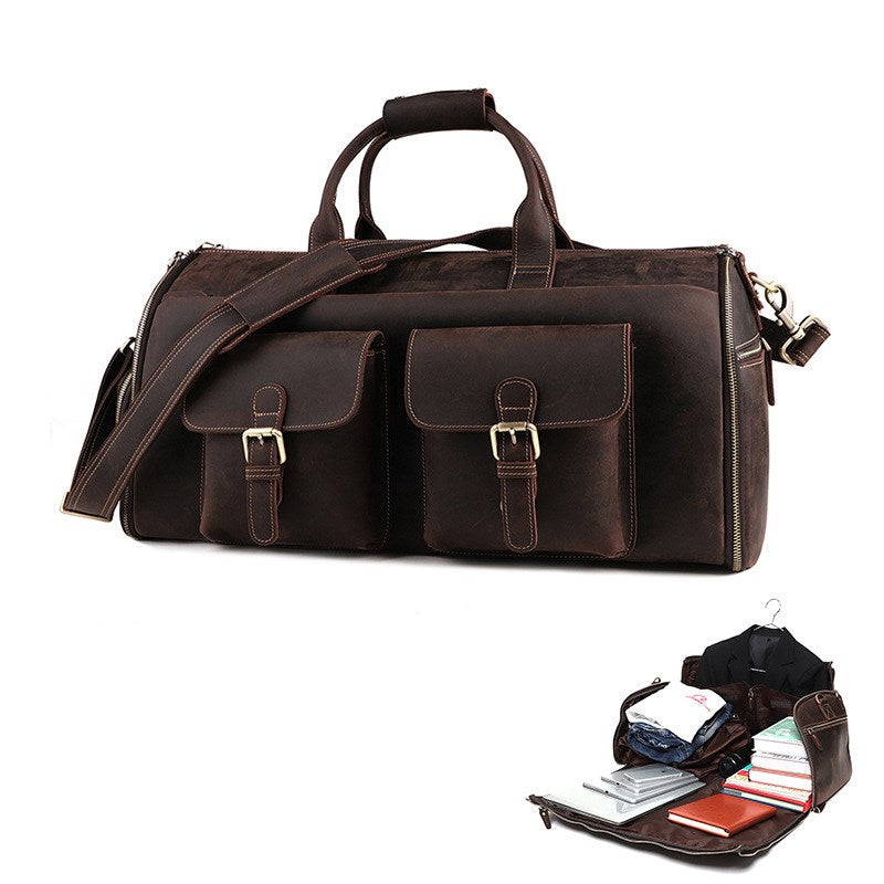 Full Grain Leather Duffle Bag Carry On Garment Bag Convertible Garment Bag  with Shoe Compartment Mens Garment Bag for Travel Suit