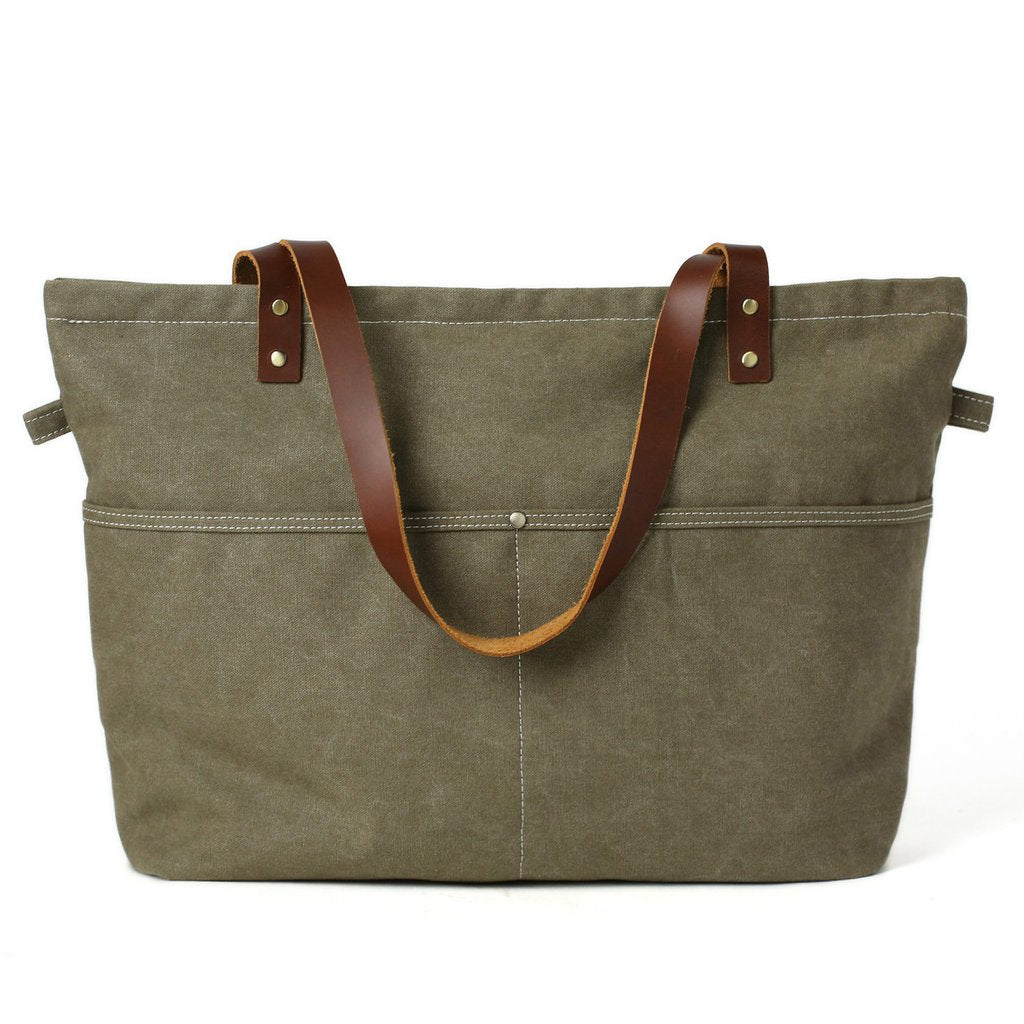 Diaper Bag Canvas with Leather Women Tote Bag Shoulder Bag Handbag 14022 - Unihandmade
