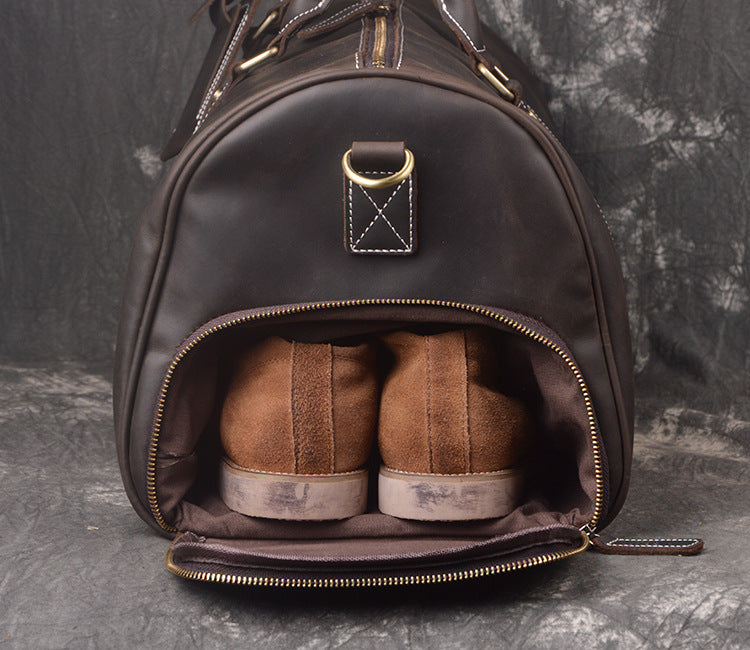 Handmade Full Grain Leather Travel Bag with shoe Pouch Weekend Bag Duffel Bag Leather Duffle with shoe Compartment - Unihandmade