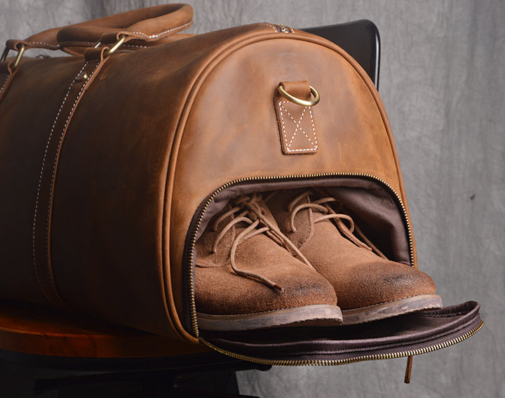 Unihandmade leather duffle bag packed for travel