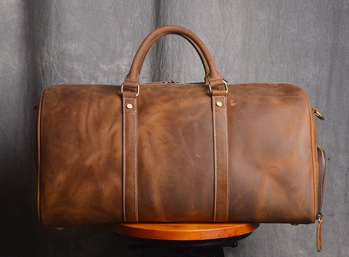Unihandmade crazy horse leather duffle bag with shoe compartment