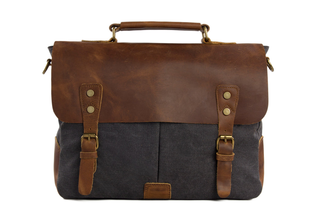 Canvas Leather Bag Briefcase Messenger Bag Shoulder Bag Laptop Bag 1807 - Unihandmade