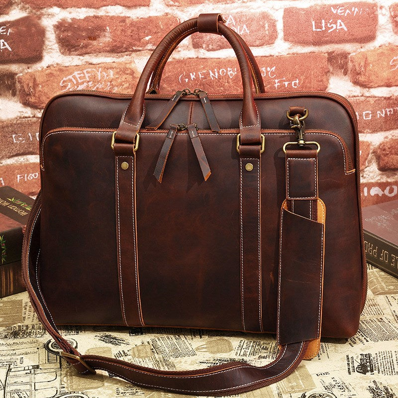 15.6'' Laptop Bag Vintage Genuine Leather Briefcase for Men Shoulder Bags