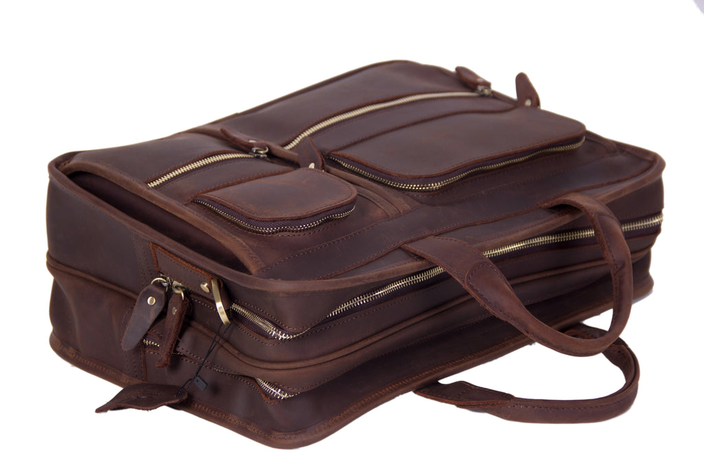 Men Briefcase Genuine Leather Laptop Briefcase Suitcase Attachment Bag